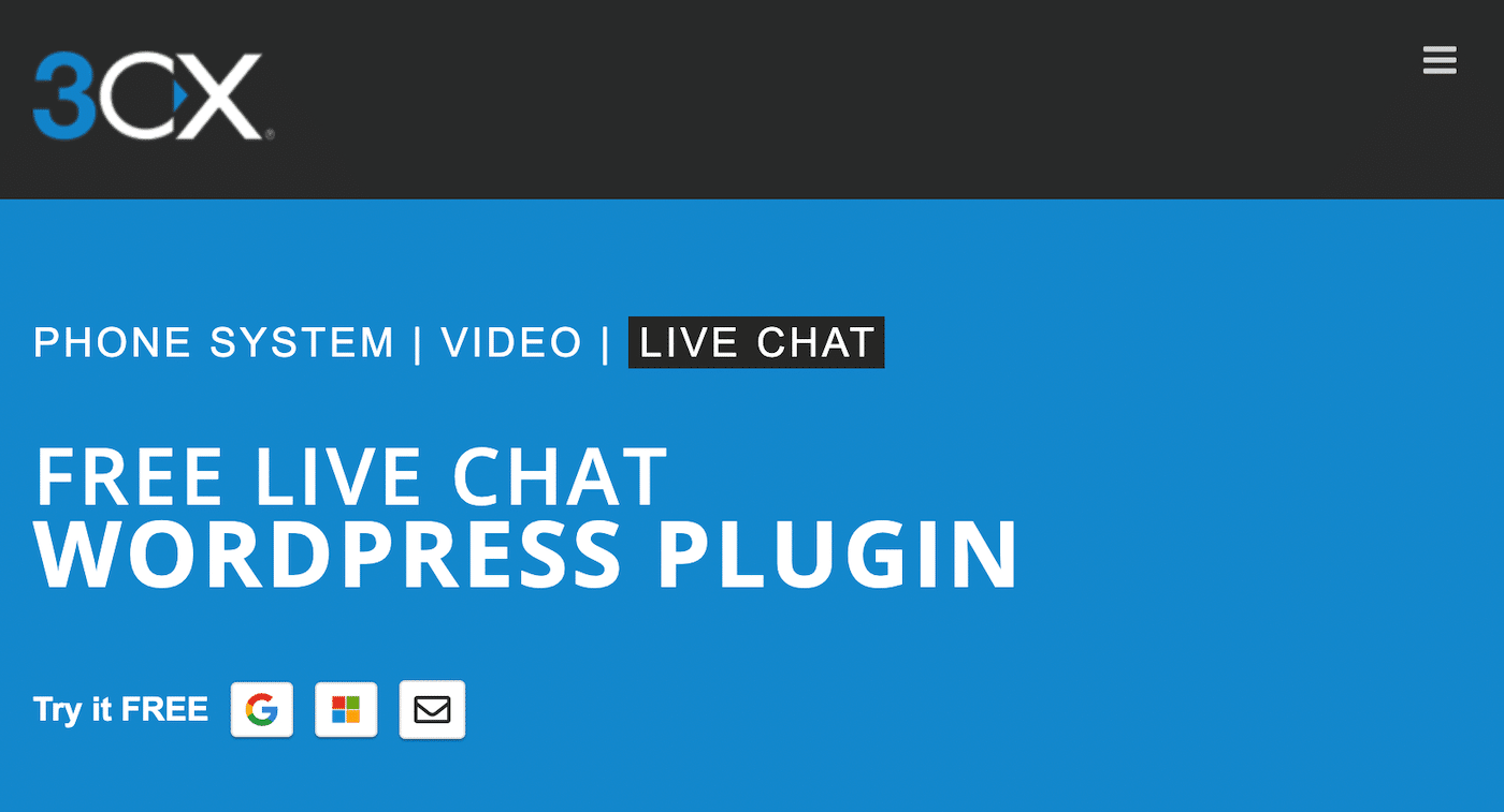 Homepage di 3CX Live Chat plugin con l’headline Free Live Chat WordPress Plugin