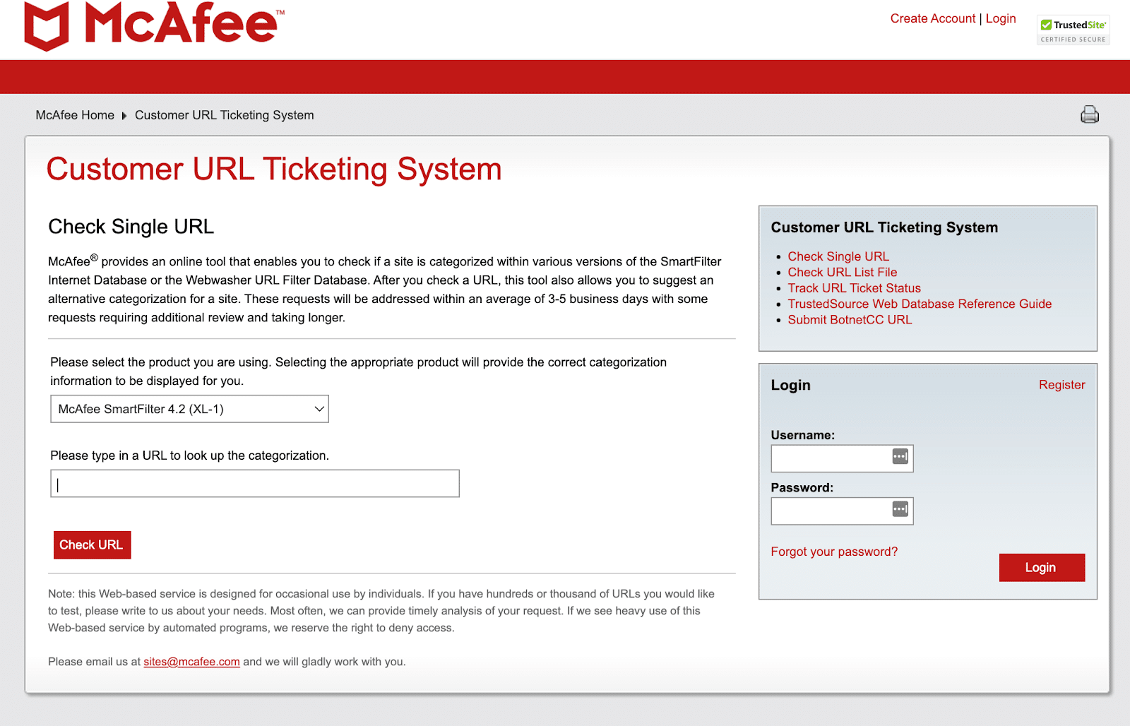 McAfee TrustedSource site