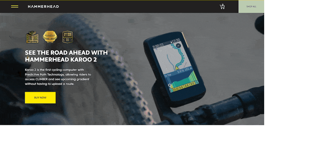 Hammerhead’s sticky header as it scrolls through the page. There is the Hammerhead logo, a yellow ‘hamburger menu’, a shopping cart icon, and a green button that reads “Shop All.”