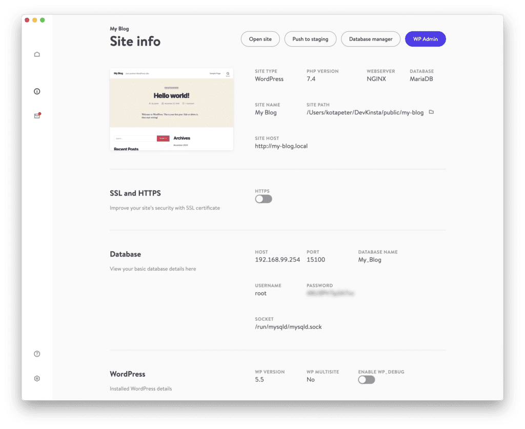 DevKinsta-Benutzeroberfläche und wie sie aussieht.