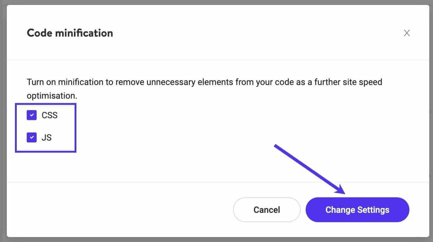 Adjusting code minification settings in Kinsta CDN.