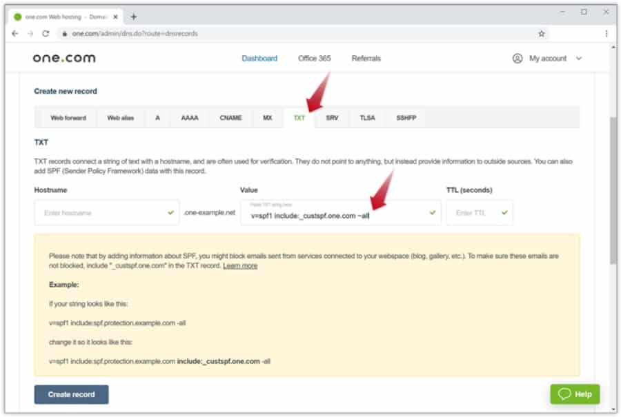 Een dashboard waar je een SPF record kunt toevoegen
