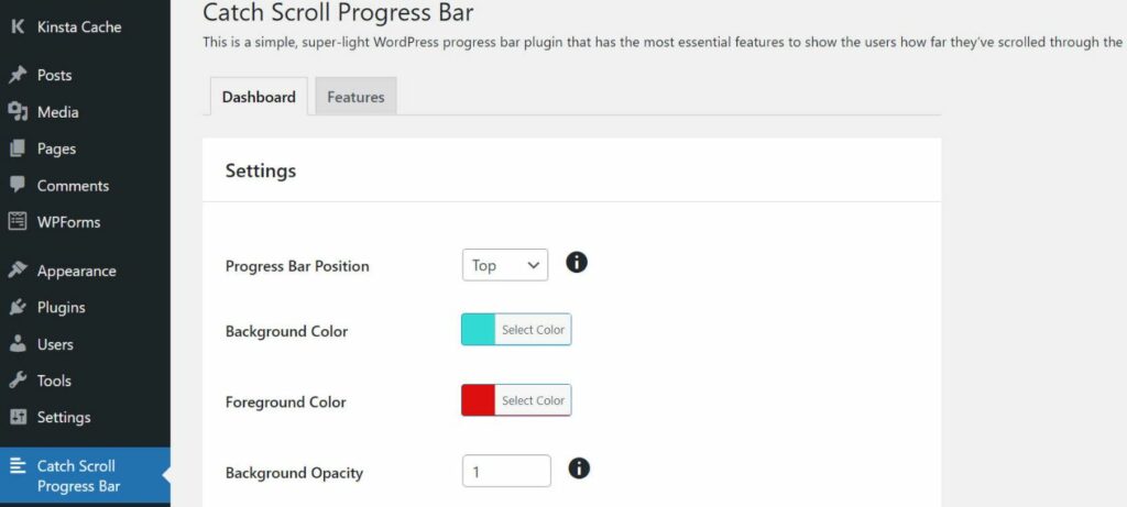 Área de configuración del plugin Catch Scroll Progress Bar plugin.