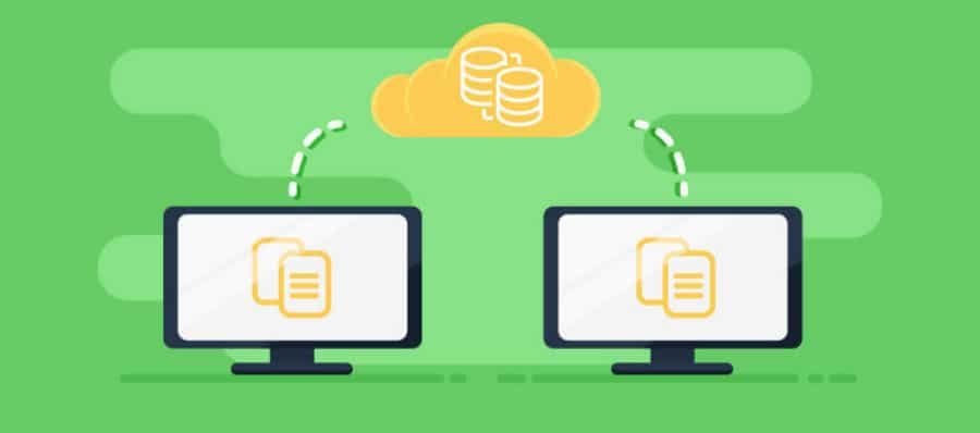 Toont dat twee desktops met dezelfde gegevens zijn verbonden met de cloud