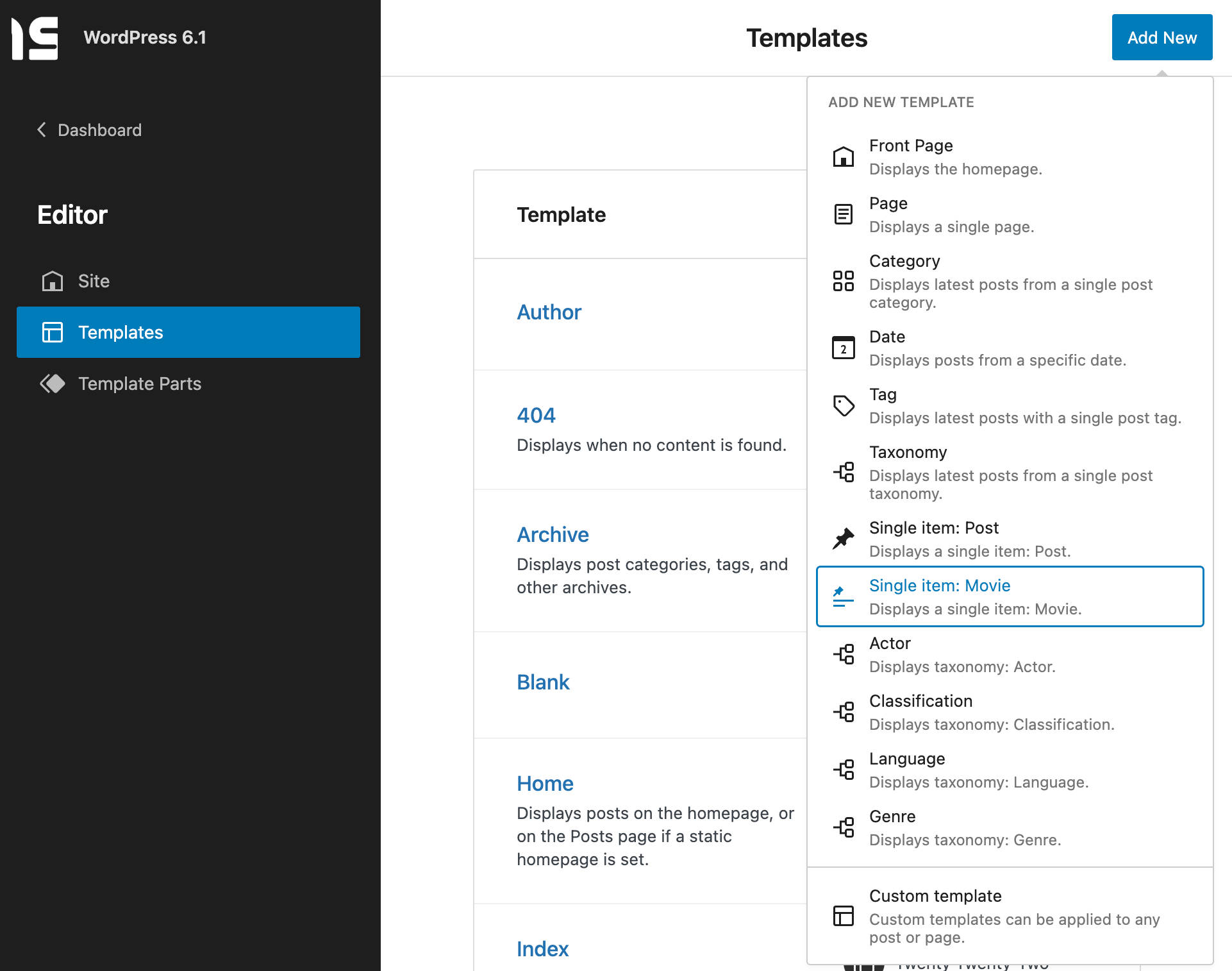 An image showing a list of templates types available in WordPress 6.1