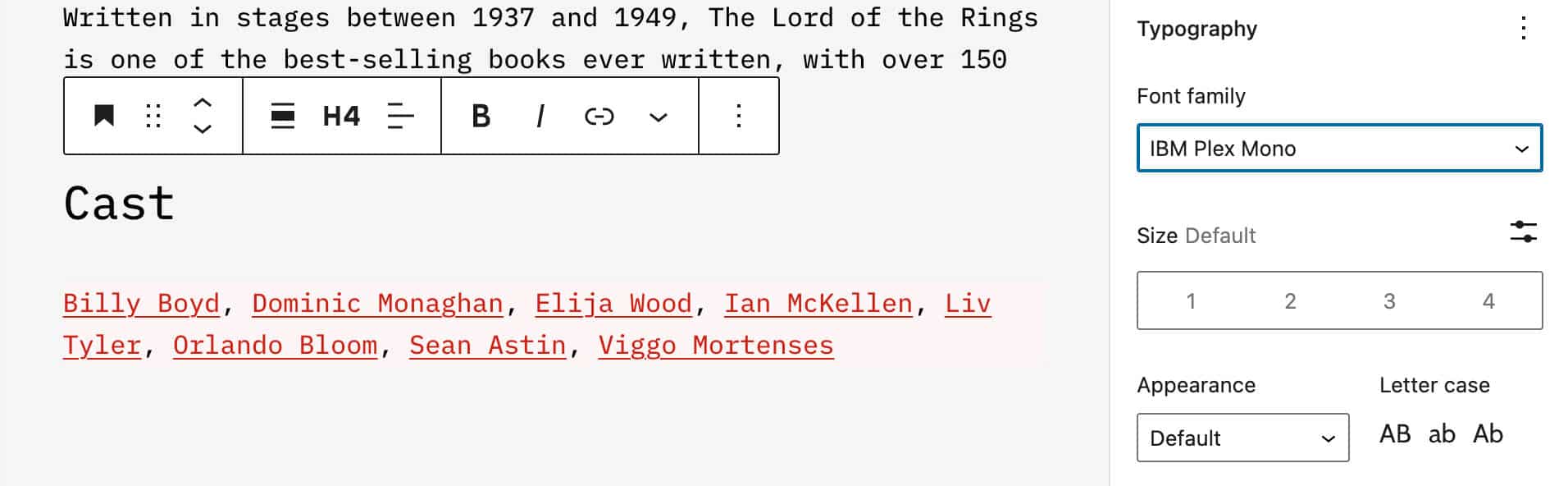 An image showing how to set a custom font family in a Heading block in WordPress 6.1