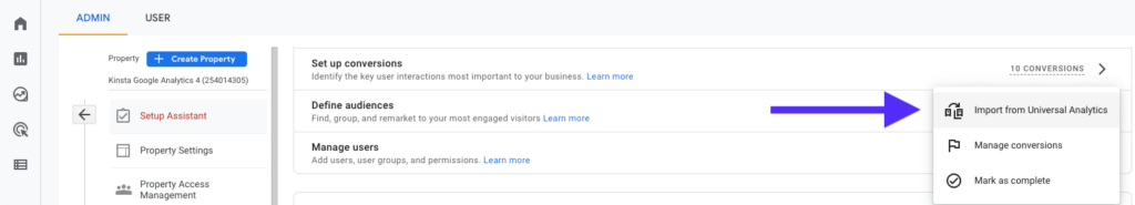 Screenshot from GA4 showing option to import conversions from universal analytics