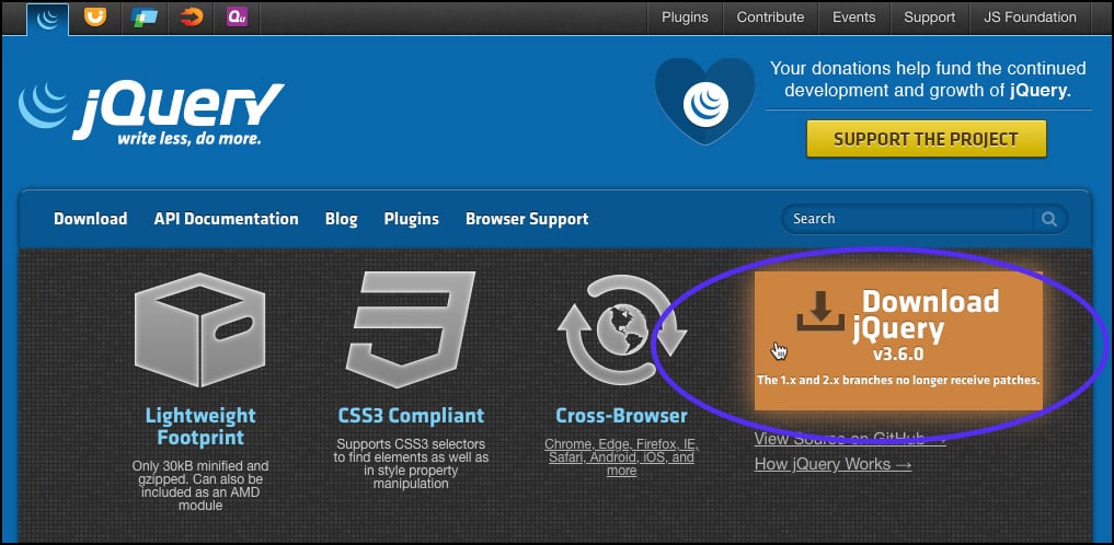 Captura de pantalla del sitio web oficial de jQuery con un enlace de descarga resaltado.