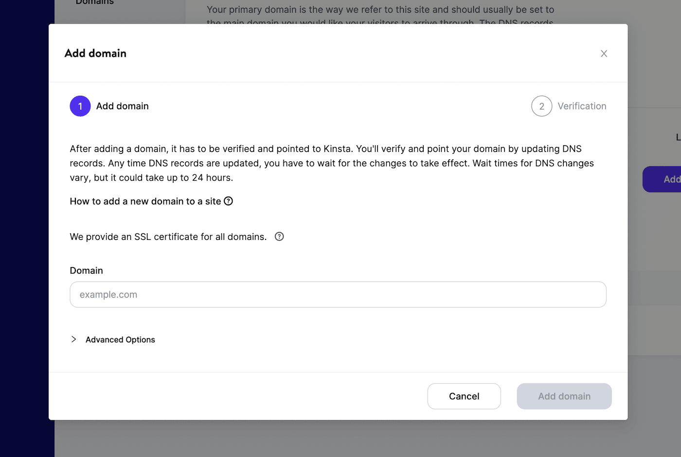 Adicionar novos domínios Kinsta