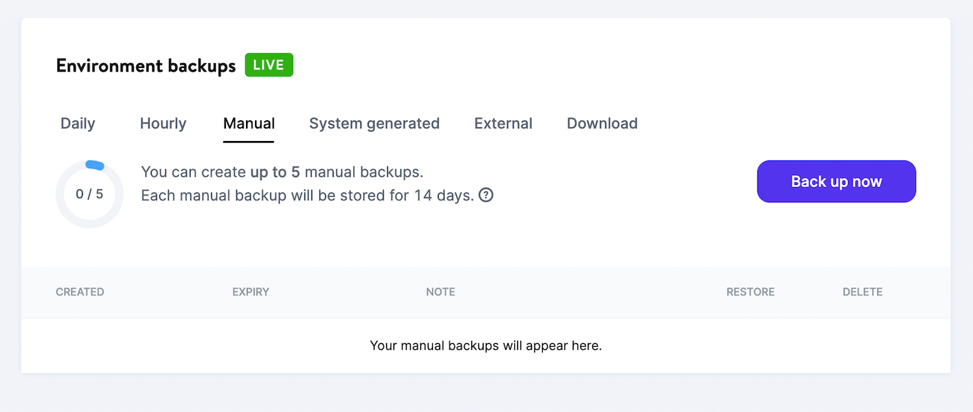 Backups manuais do MyKinsta