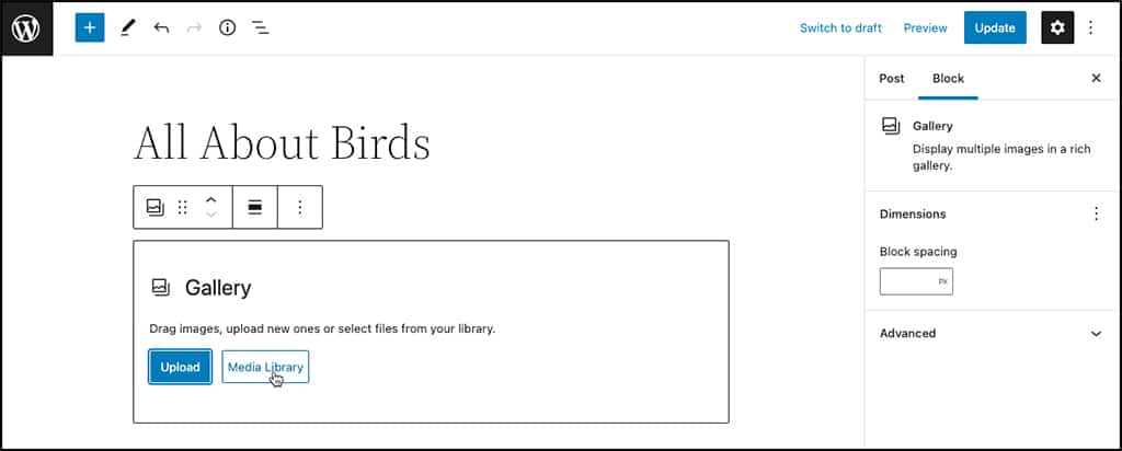 Screenshot: Auswahl einer Quelle für Galeriebilder im WordPress-Blockeditor