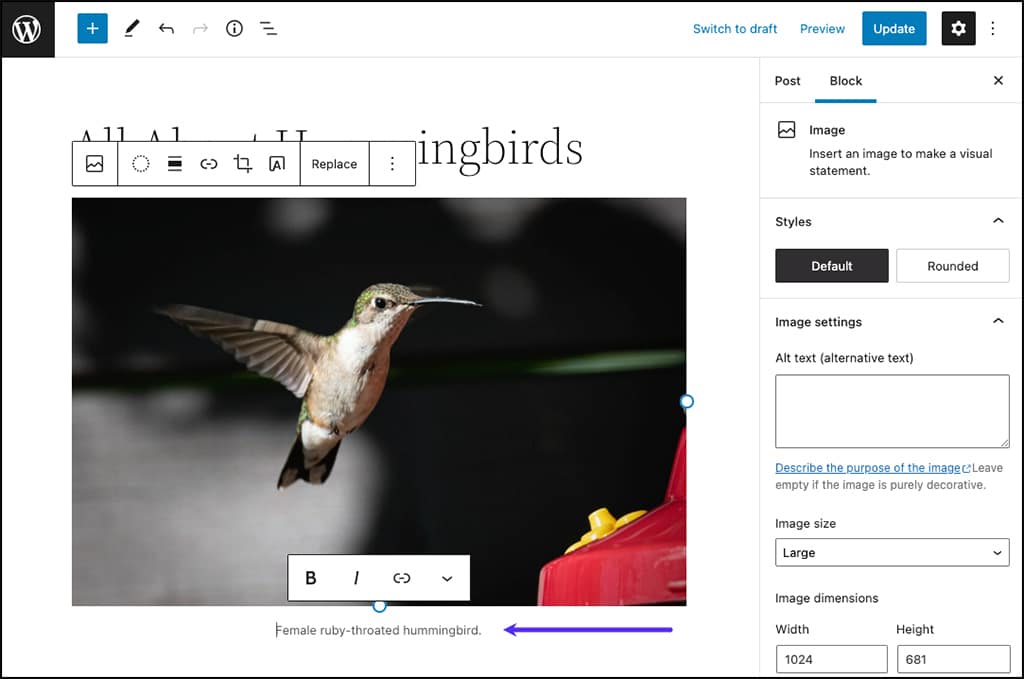 Screenshot: Eine Bildunterschrift, die im WordPress-Blockeditor angezeigt wird