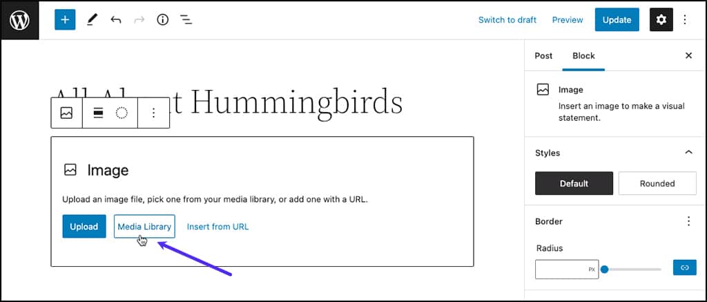 Screenshot: Auswahl der Medienbibliothek als Bildquelle im WordPress-Blockeditor