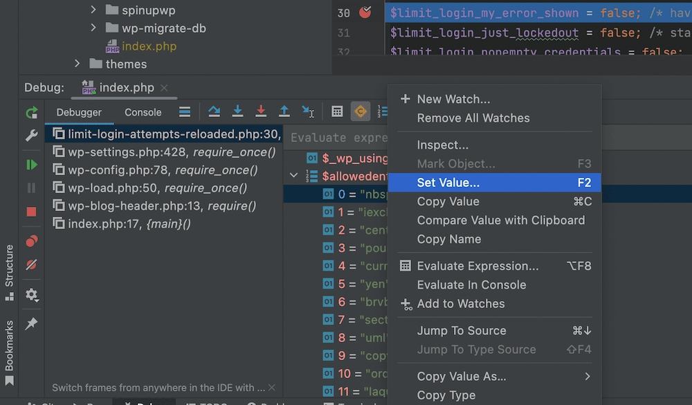 Een gedeelte van de PhpStorm Debugger interface met een lijst met breakpoints, bestandsnamen, regelnummers en functieverwijzingen aan de linkerkant. Rechts toont een gemarkeerde waarde in de code, met een contextmenu geopend. Een van de opties is 