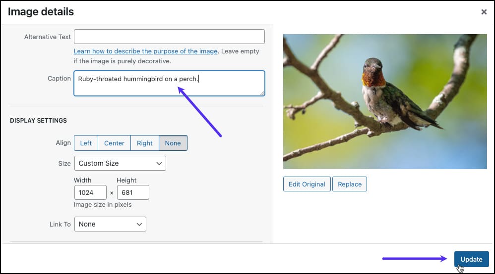 Screenshot: Bearbeiten von vorhandenem Beschriftungstext im WordPress-Fenster Bilddetails