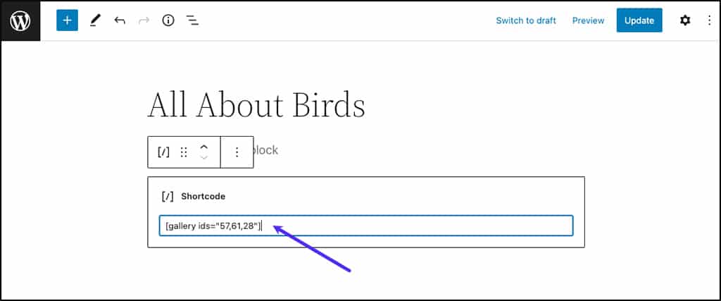 Screenshot: Bearbeiten eines Shortcode-Blocks im WordPress-Blockeditor