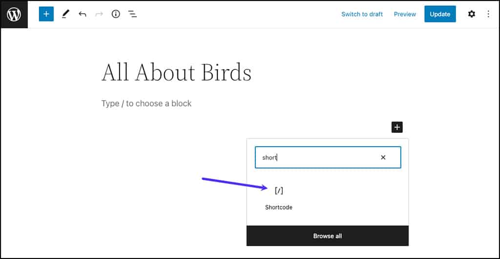 Screenshot: Beginn eines Shortcode-Blocks im WordPress-Blockeditor