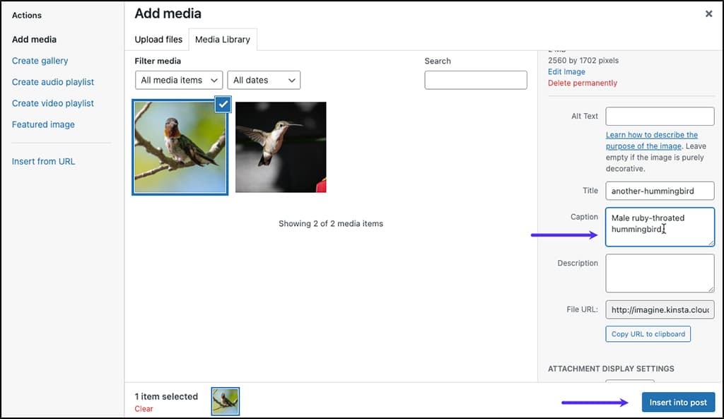 Screenshot: Adding a caption while uploading an image in the WordPress Classic Editor.