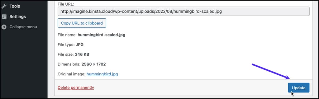 Screenshot: Speichern von Änderungen nach der Bearbeitung des Bildunterschriftentextes in WordPress