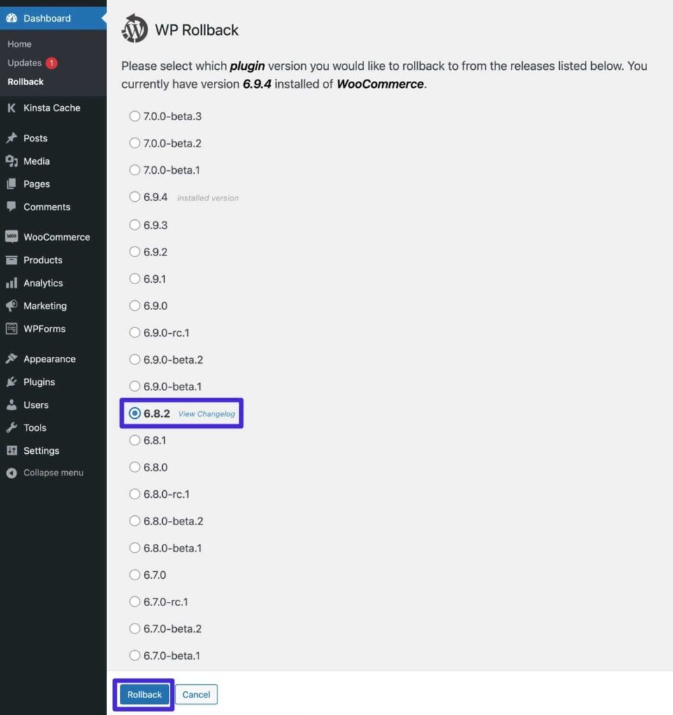 Choisissez la version vers laquelle vous souhaitez rétrograder.