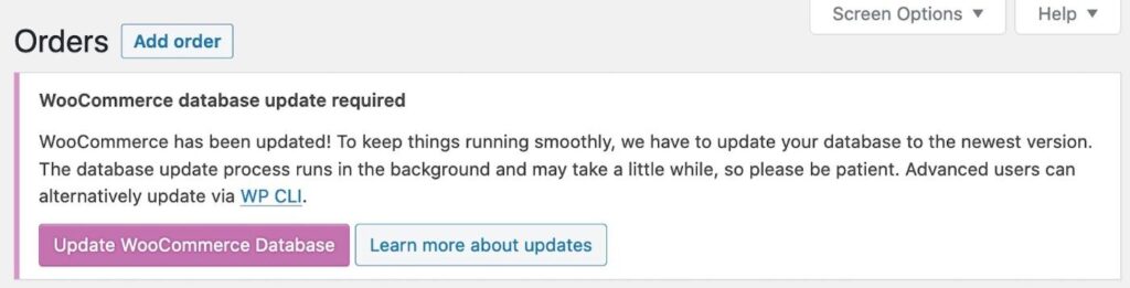 Le message de mise à jour de la base de données WooCommerce.