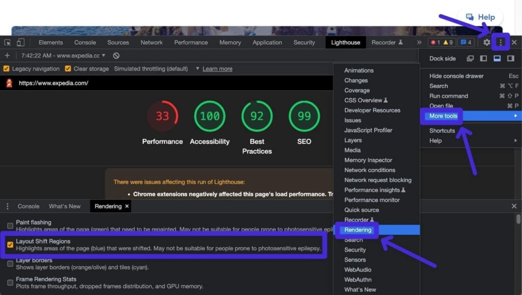 How to view CLS rendering in Developer Tools.