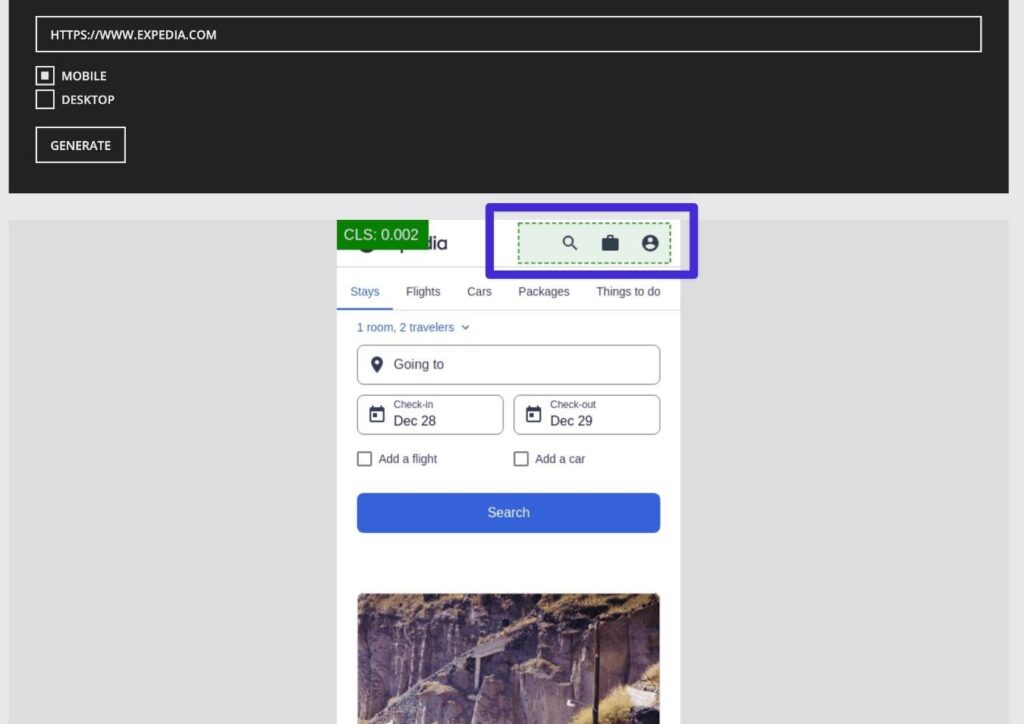 The tool highlights individual layout shifts in green.
