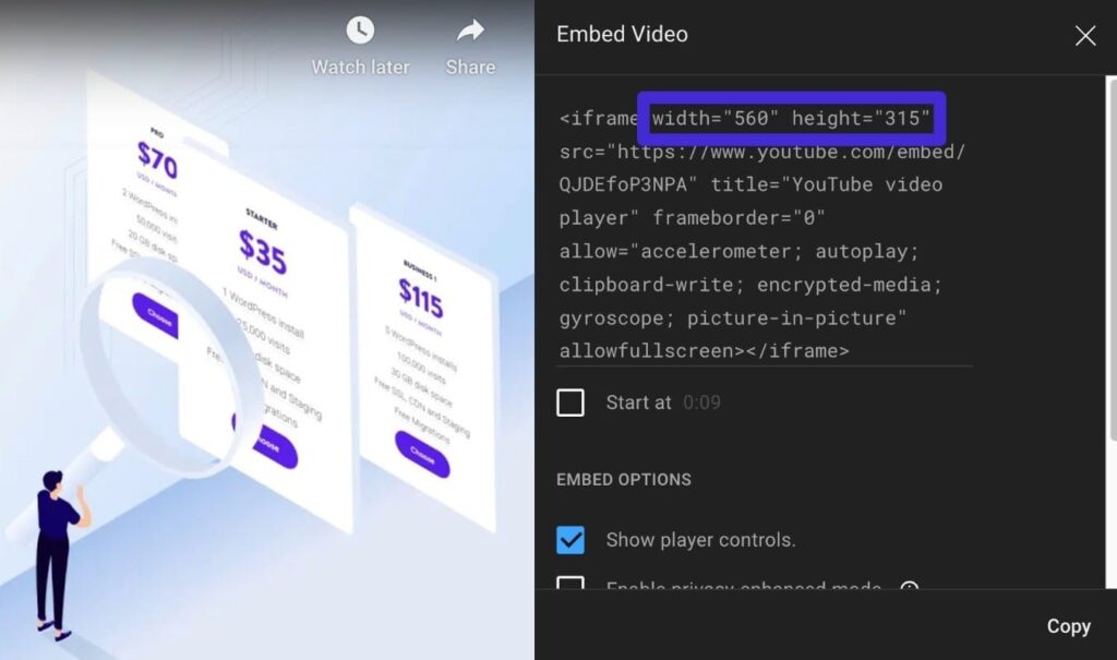 An example of iframe dimensions in the embed code.